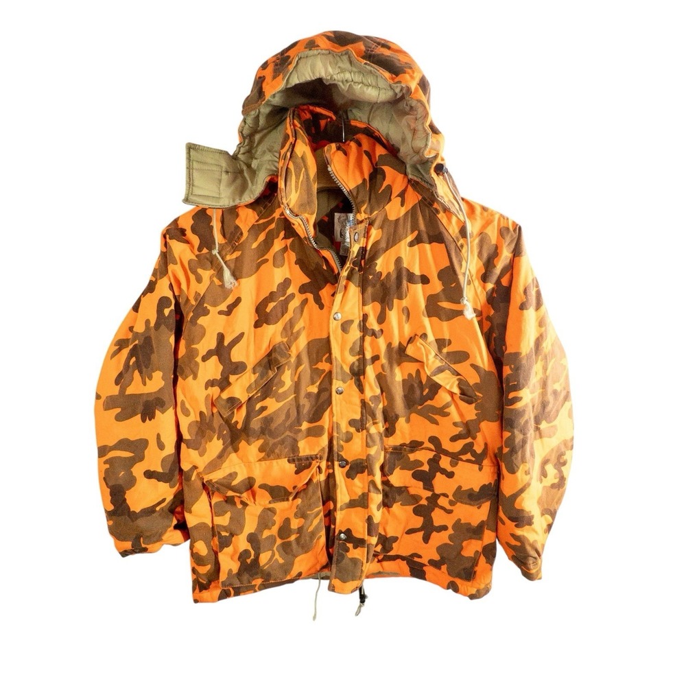 Vtg Trophy‎ Club Hunting Puffer Jacket Blaze Orange Camo Mens XL